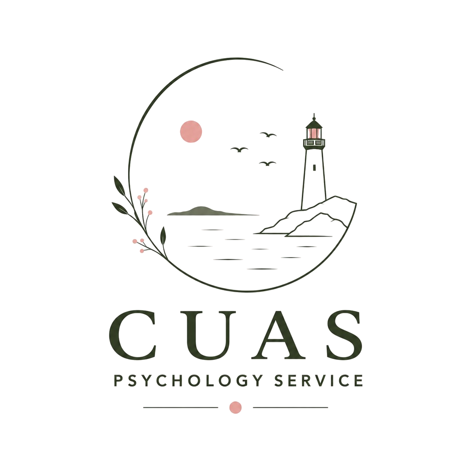 Cuas Psychology Service — illustrated lighthouse and coastline emblem